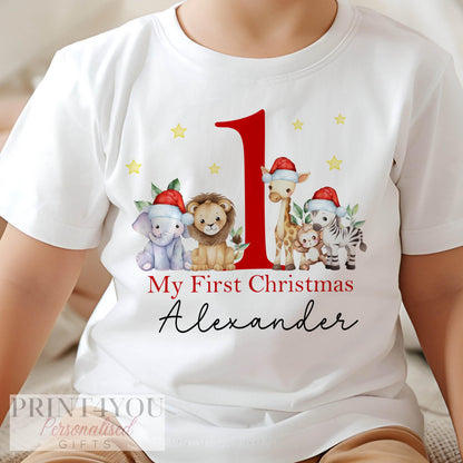 Baby's First Christmas personalised cotton set, safari jungle animals in Santa hats design