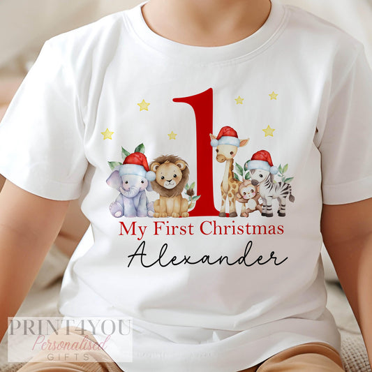 Baby's First Christmas personalised cotton set - safari jungle animals in Santa hats design