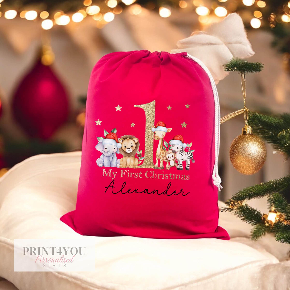 Safari Animals themed red Christmas sack for babies, shown with drawstring cord detail