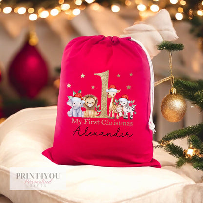 Safari Animals themed red Christmas sack for babies, shown with drawstring cord detail