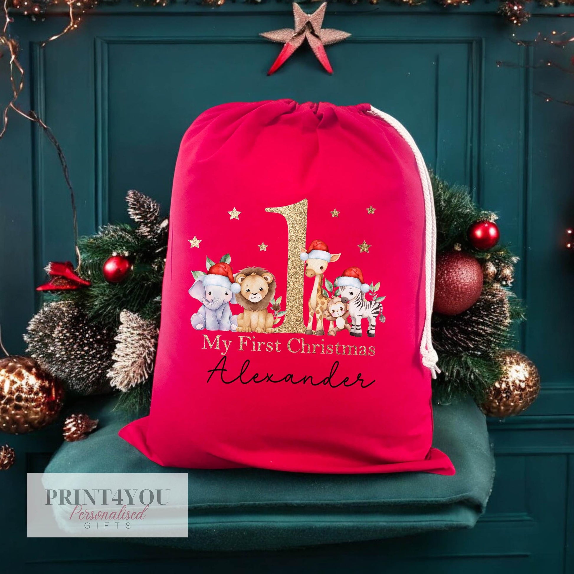 Back view of the personalised red Safari Animals Christmas drawstring sack