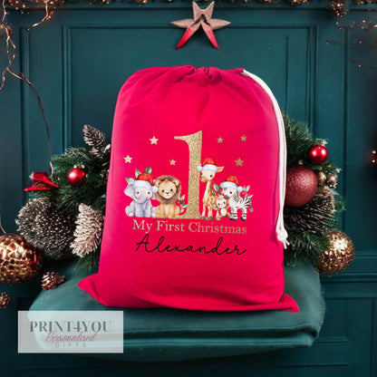 Back view of the personalised red Safari Animals Christmas drawstring sack