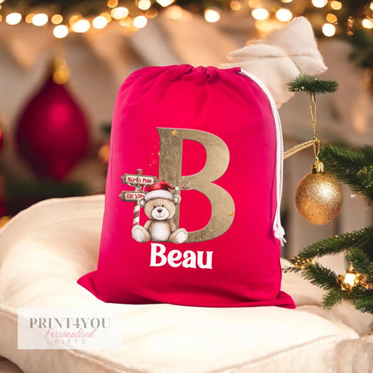 Personalised Red Christmas Sack with Drawstring – Babies First Christmas, Reindeer Teddy bear theme, Customised Festive Gift Bag 40x50cm