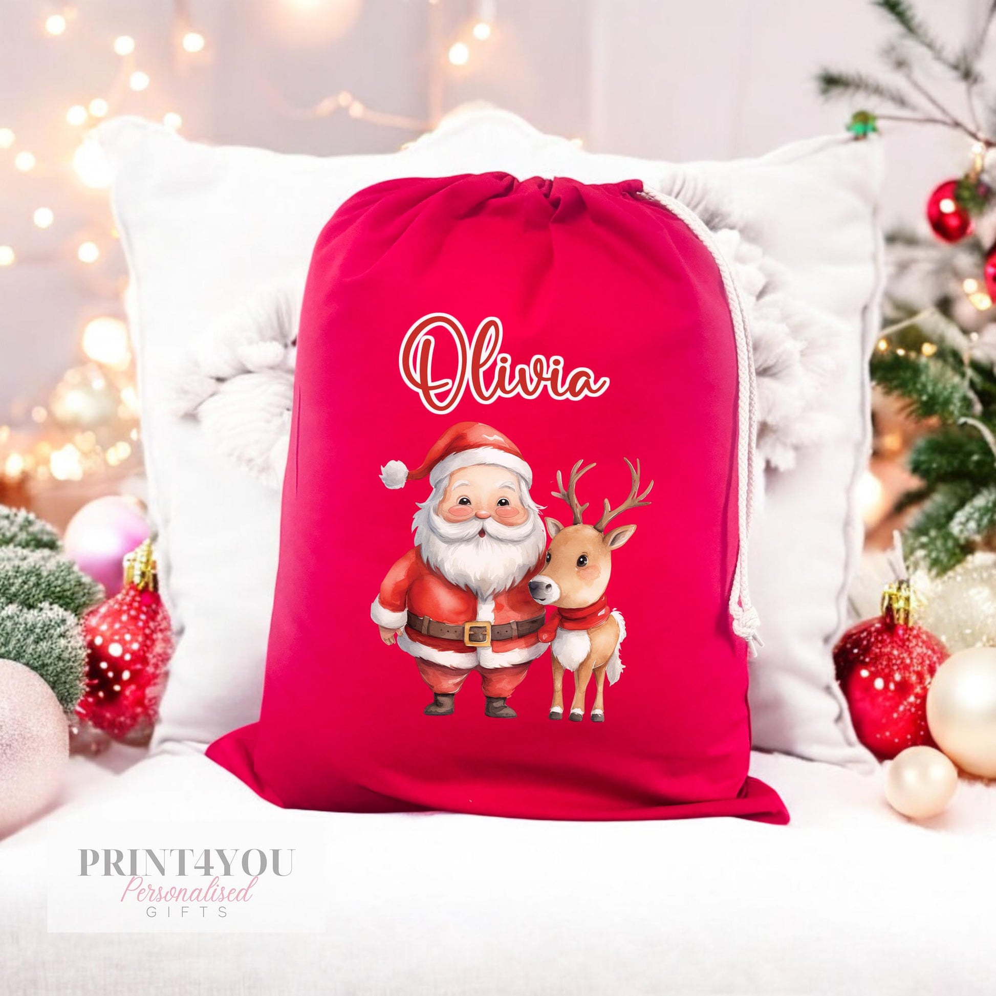 Personalised Red Christmas Sack with Drawstring – Babies First Christmas, Santa and Reindeer, Customised Festive Gift Bag 40x50cm