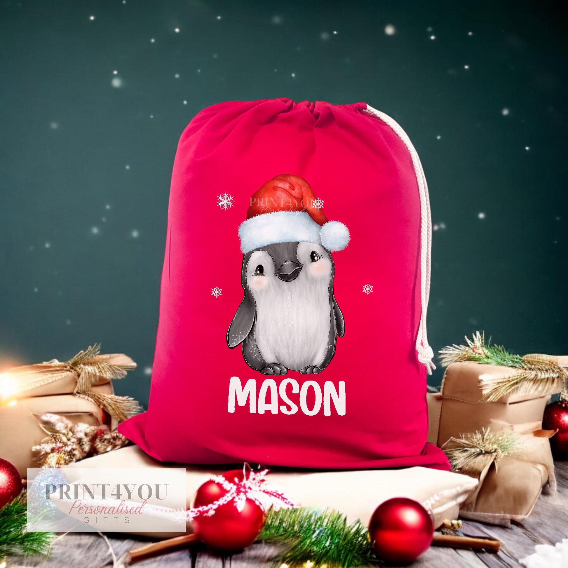 Personalised Red Christmas Sack with Drawstring – Babies First Christmas, Festive Penguin, Customised Festive Gift Bag 40x50cm