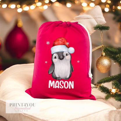 Personalised Red Christmas Sack with Drawstring – Babies First Christmas, Festive Penguin, Customised Festive Gift Bag 40x50cm