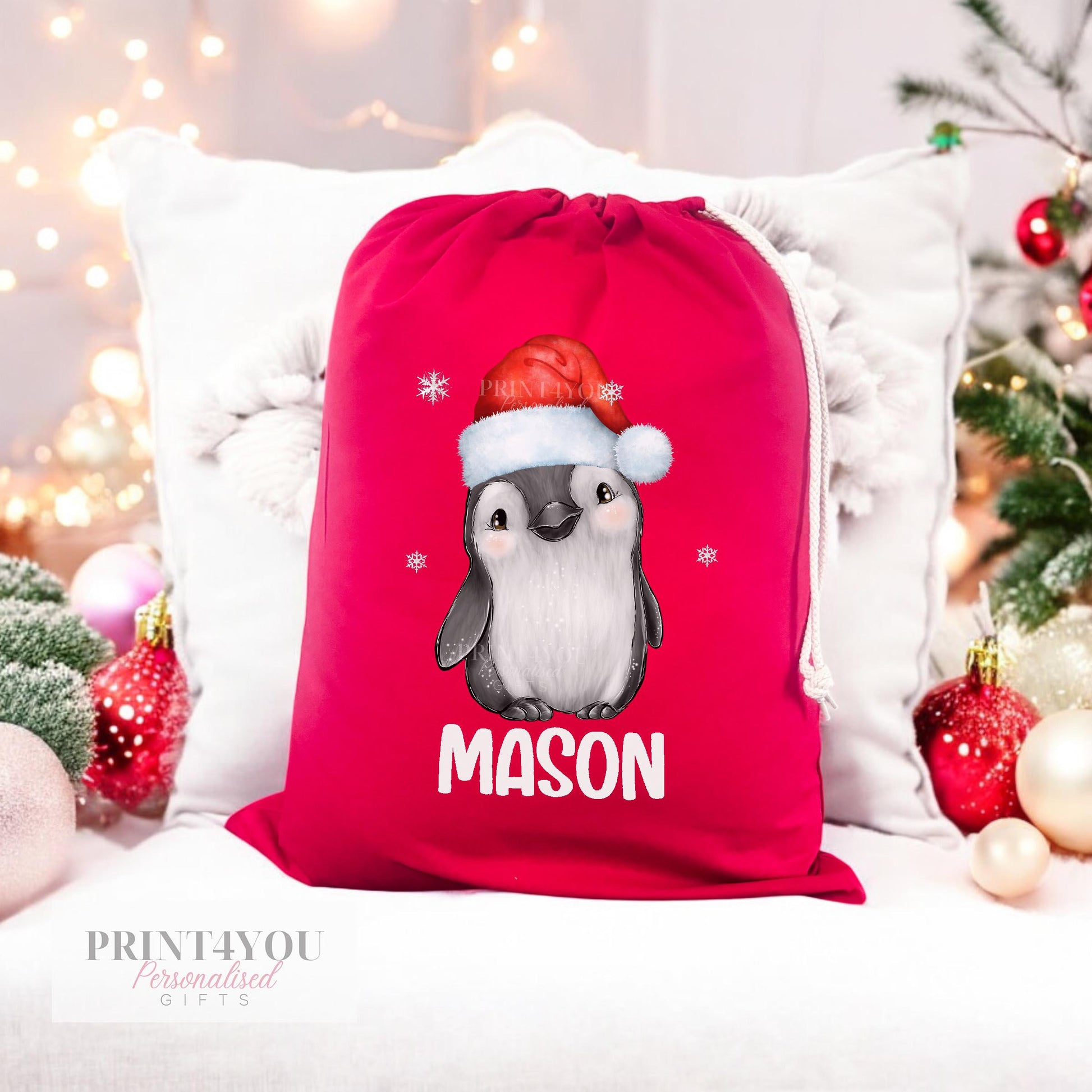 Personalised Red Christmas Sack with Drawstring – Babies First Christmas, Festive Penguin, Customised Festive Gift Bag 40x50cm