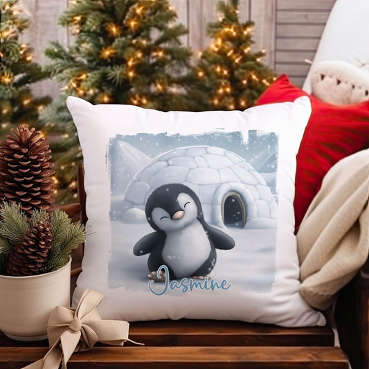 Personalised penguin cushion cover, soft off-white velvet-style fabric, 40 x 40cm, cover only