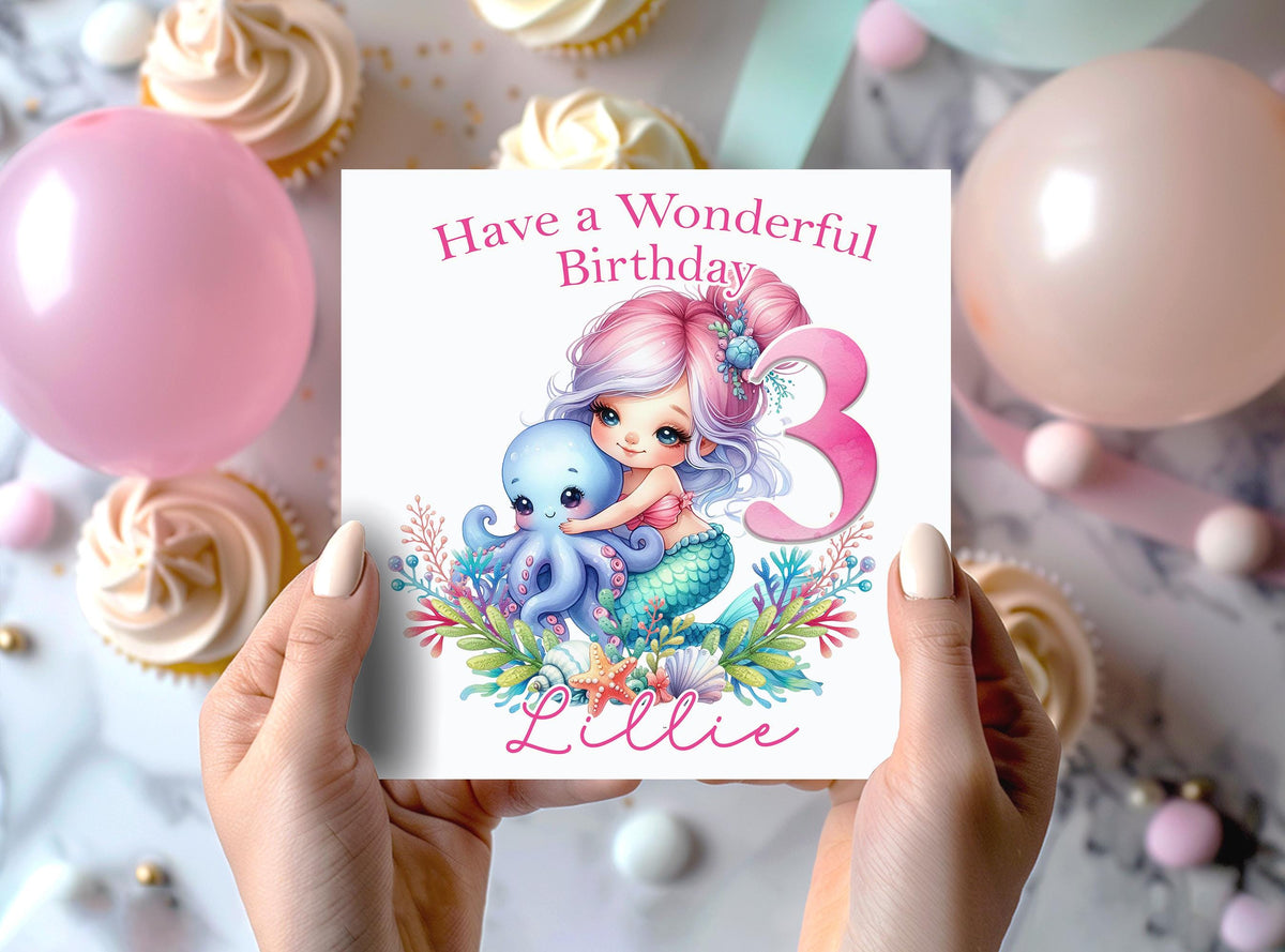 Personalised mermaid design first birthday card, 6x6 inch white square card, front only