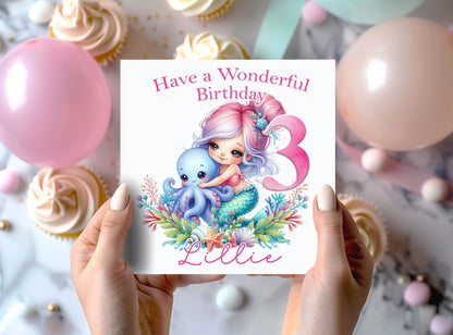 Personalised mermaid design first birthday card, 6x6 inch white square card, front only