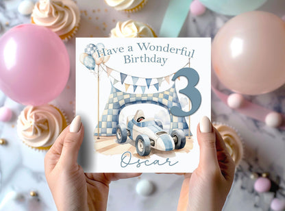 Personalised racing car birthday card, 6x6 inch white square card with glossy finish, front only