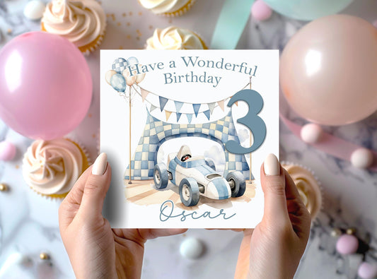 Personalised racing car birthday card, 6x6 inch white square card with glossy finish, front only