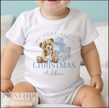 Close-up of the festive design and personalised text on the baby Christmas vest.