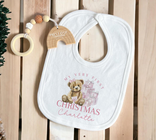 Personalised baby's first Christmas bib, personalised with your wording