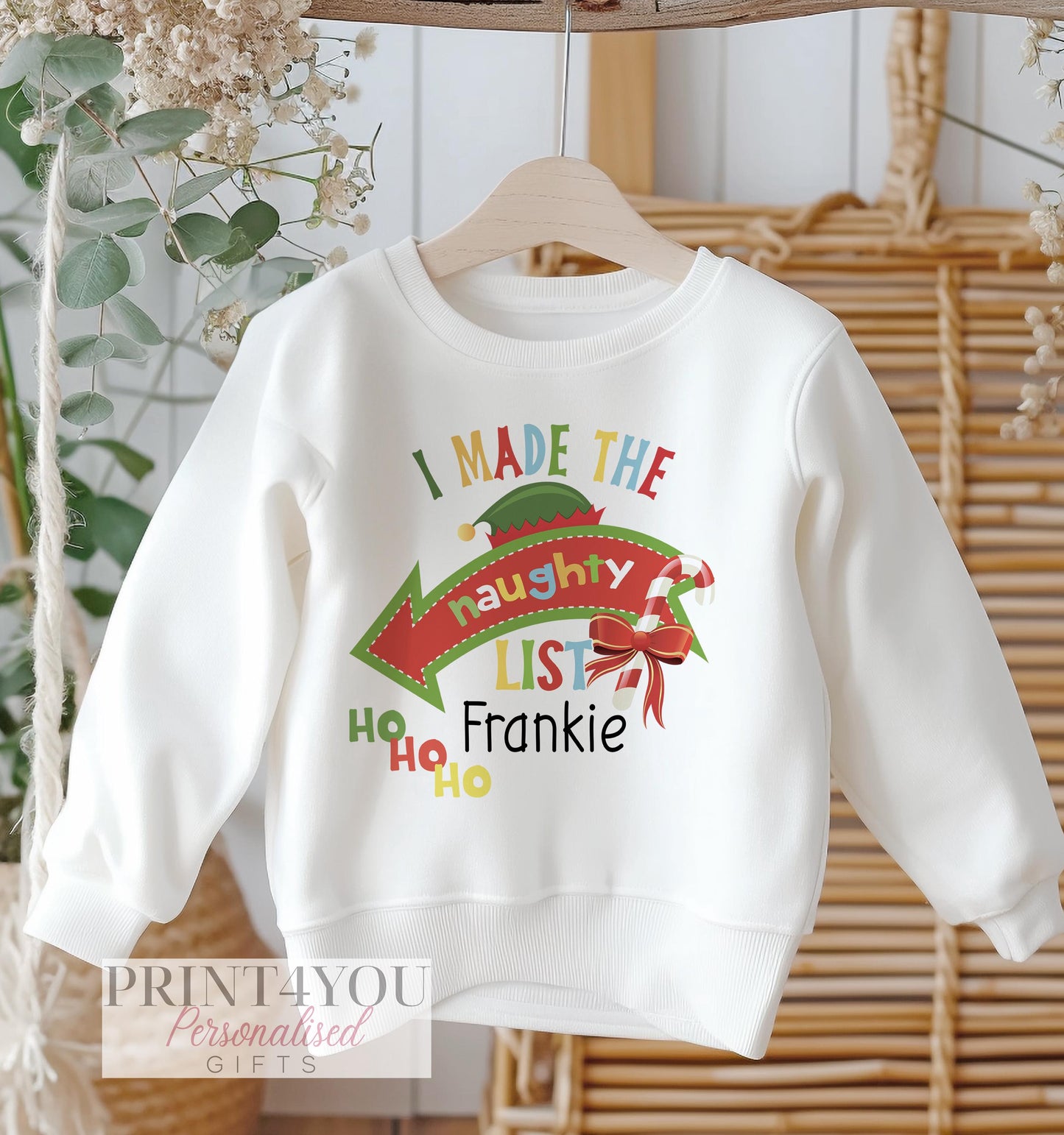 Personalised Christmas jumper with custom name, white cotton sweatshirt, size 6-12 months