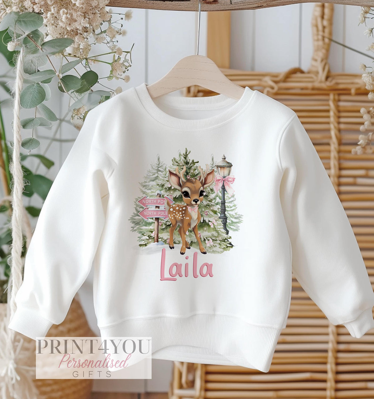 Personalised Christmas jumper, cute pink reindeer design, white cotton sweatshirt, size 6-12 months