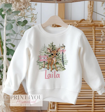 Personalised Christmas jumper, cute pink reindeer design, white cotton sweatshirt, size 6-12 months