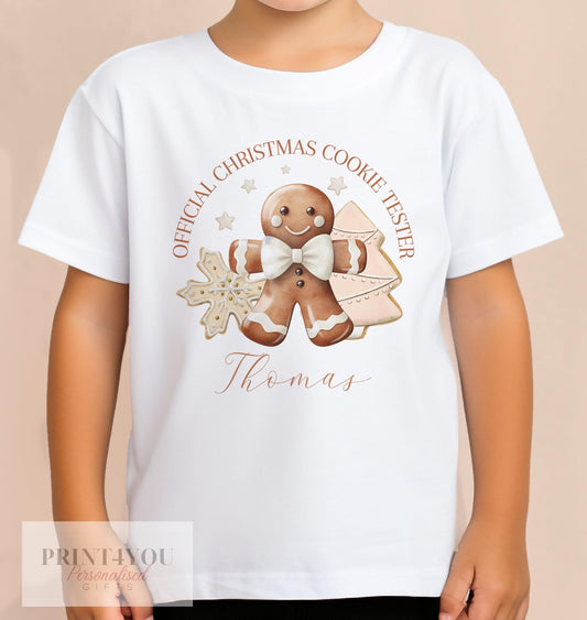 Personalised Children's Christmas T – Shirt – Official Cookie Tester Gingerbread Man, Blue Pink or Brown - 0-3month T-shirt