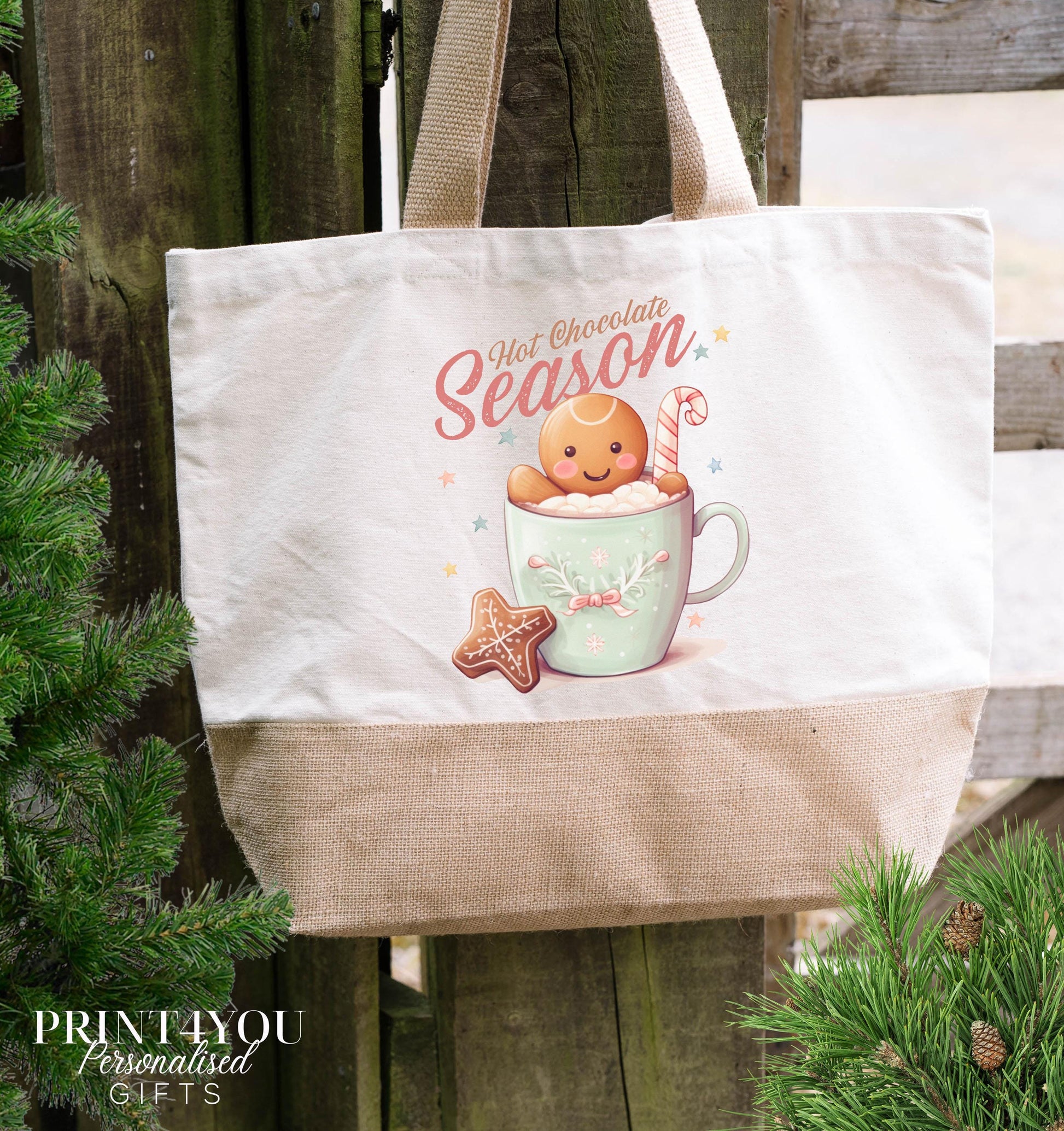Personalised cotton jute tote bag with gingerbread man print and custom name, Medium size