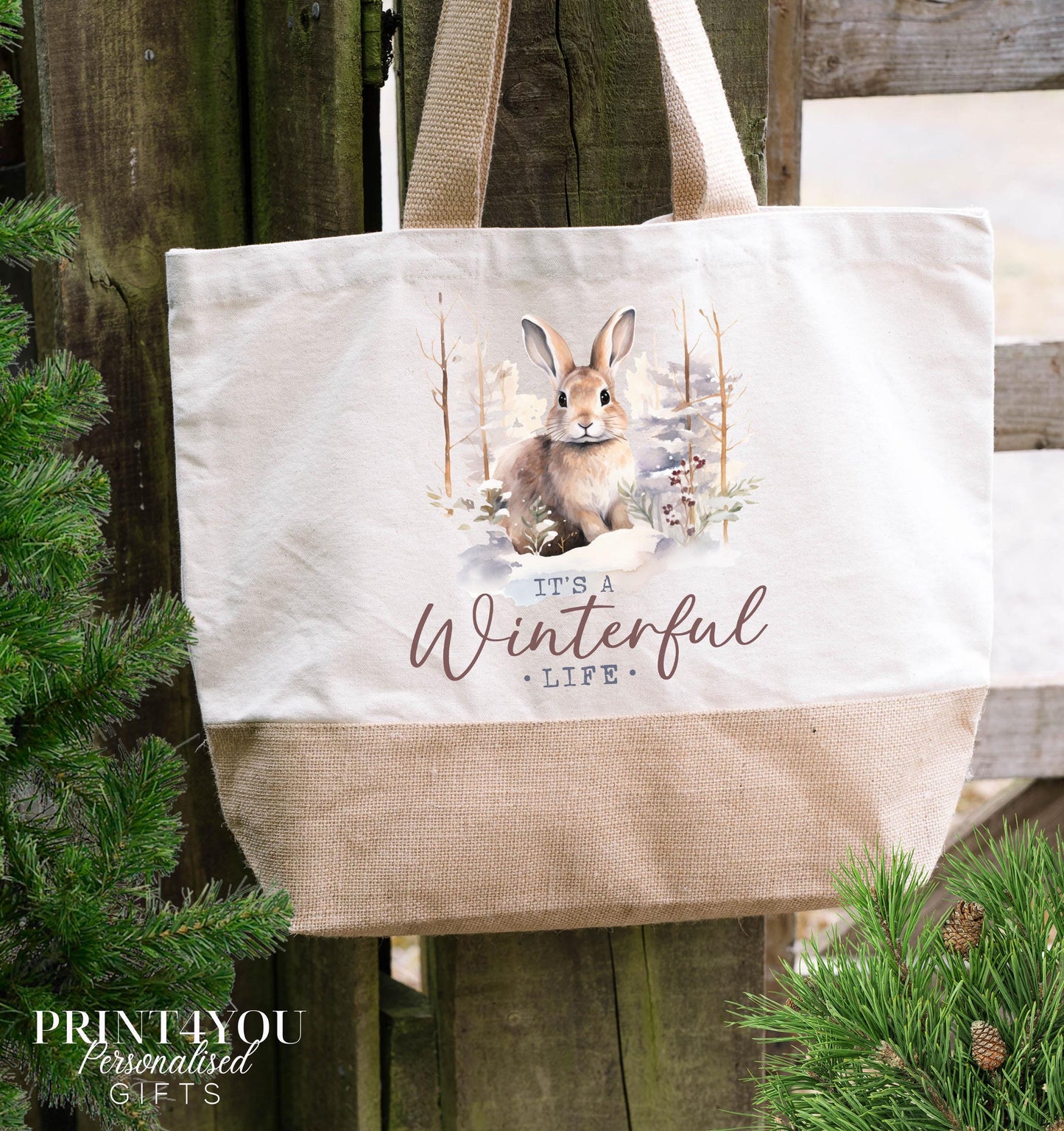 Personalised bunny design cotton jute tote bag with custom name printed alongside the design