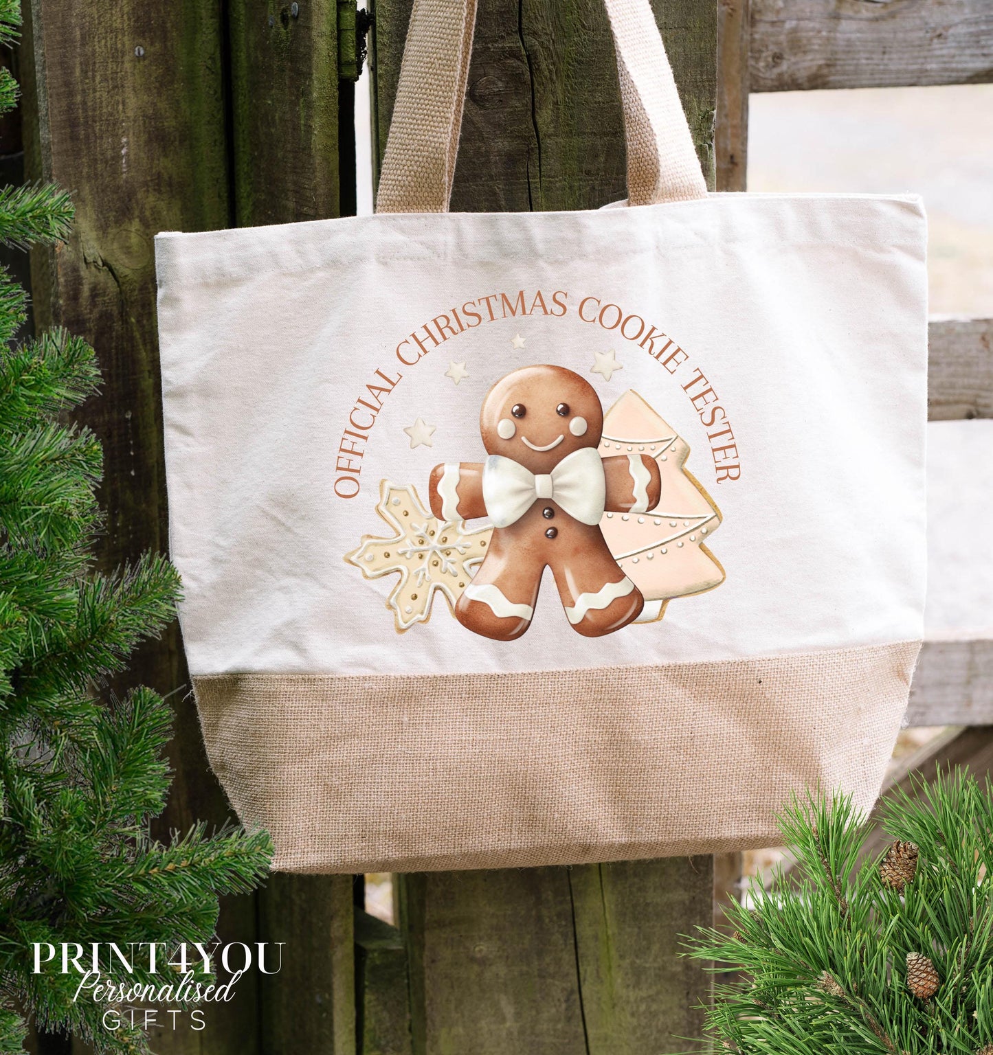 Personalised Christmas tote bag in cotton jute with custom name print, understated seasonal design