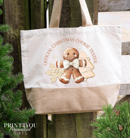 Personalised Christmas tote bag in cotton jute with custom name print, understated seasonal design