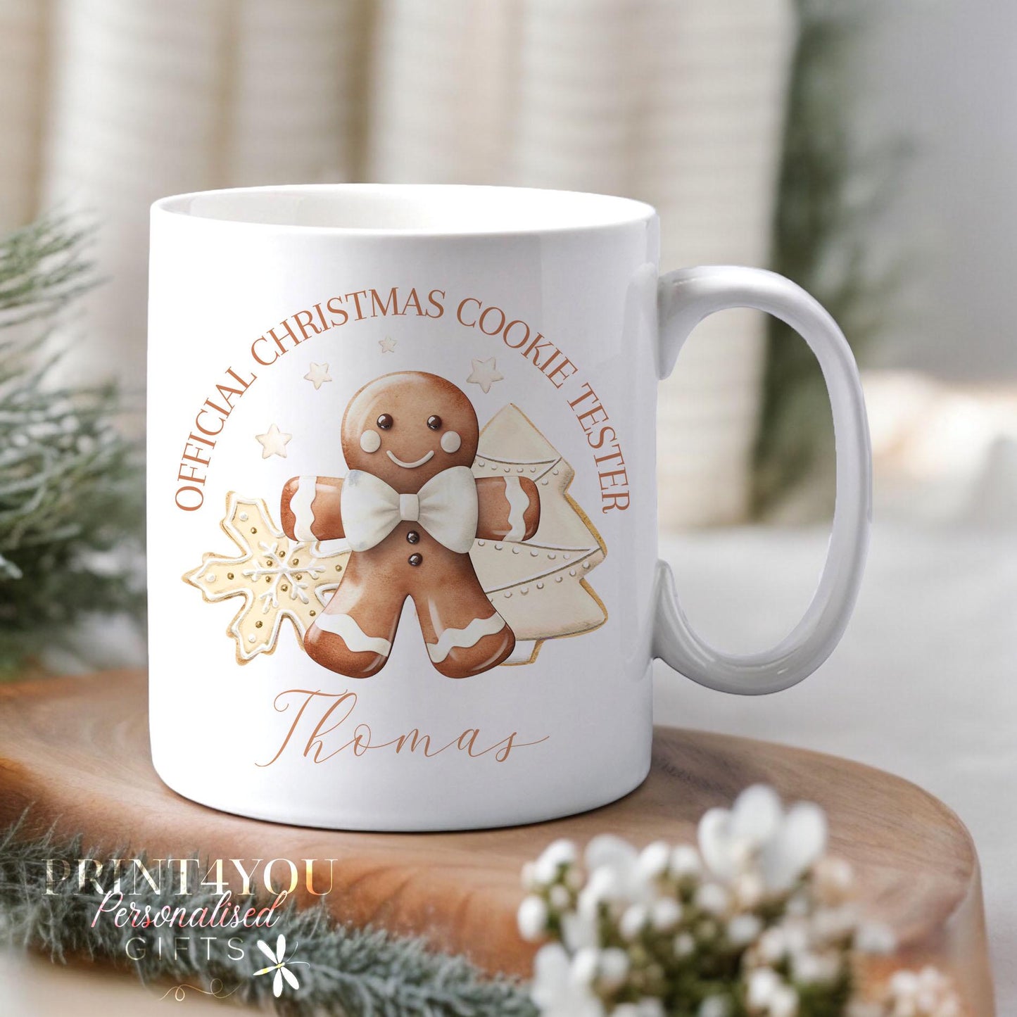 Personalised Gingerbread Man Christmas mug in brown ceramic, custom name cookie tester cuppa design