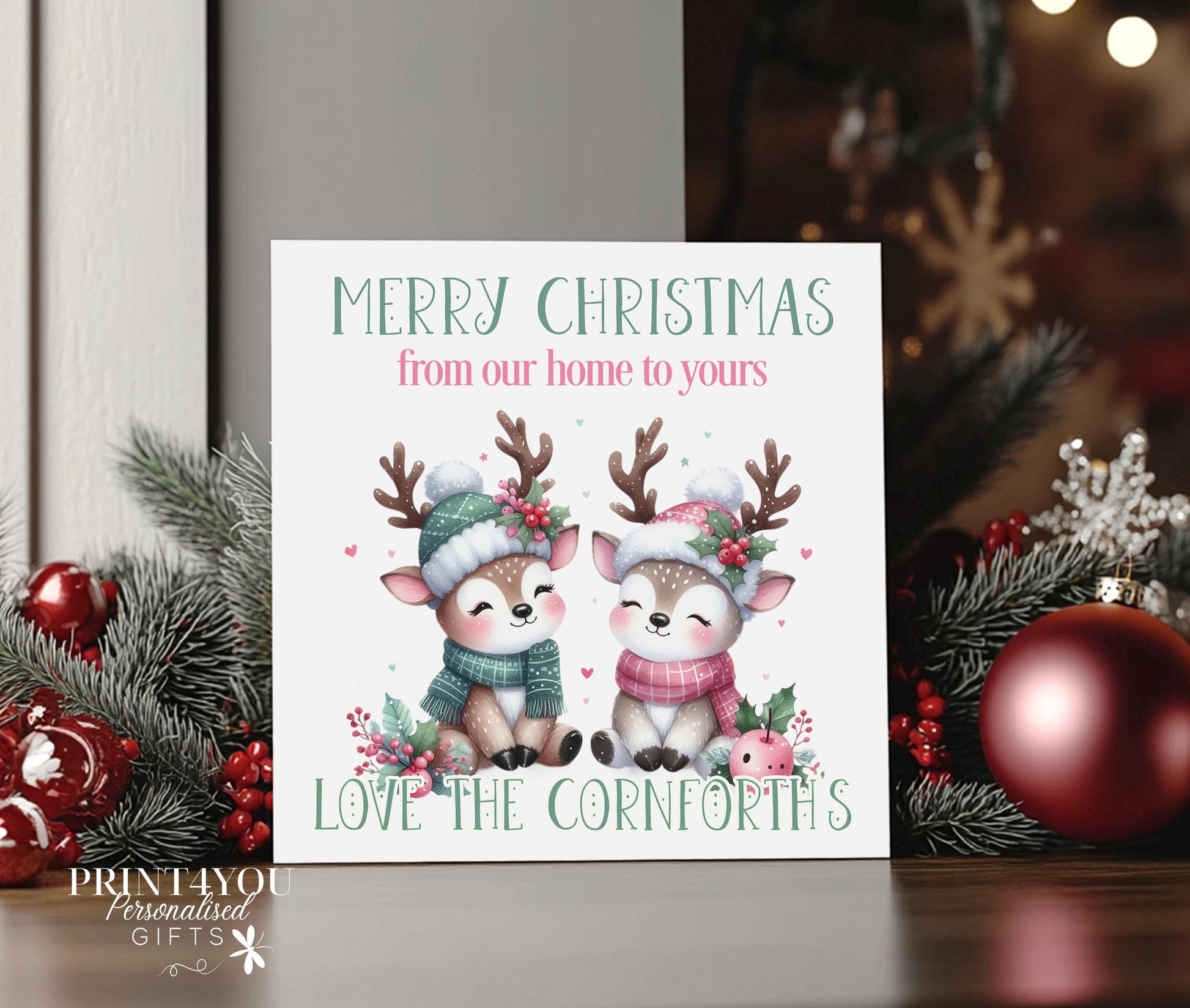 Personalised Christmas Card – Reindeer Design – Custom Message & Diamond White Envelope