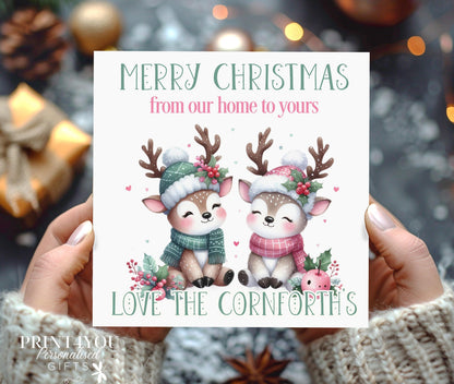 Personalised Christmas Card – Reindeer Design – Custom Message & Diamond White Envelope - Front Only