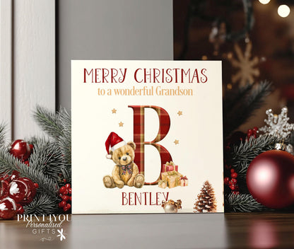 Personalised Christmas Card – Tartan Teddy Bear Card With Luxury Sheen Printing & Envelope