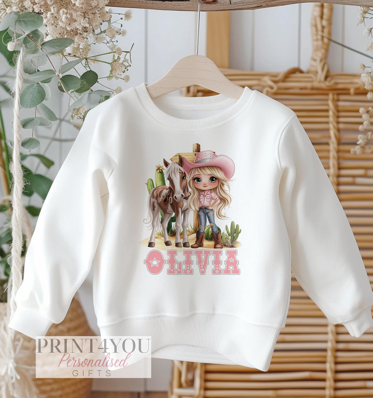 Personalised pink cowgirl western design on a white cotton kids' sweatshirt, size 6-12 months.