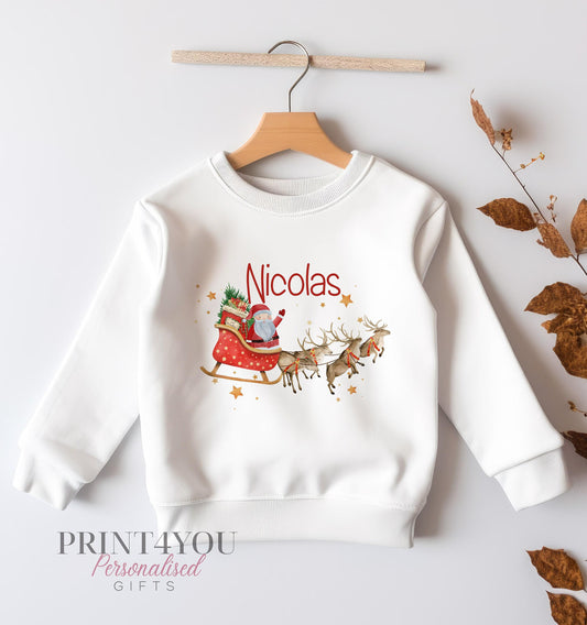 White cotton Christmas sweatshirt personalised with a custom name, size 6-12 months