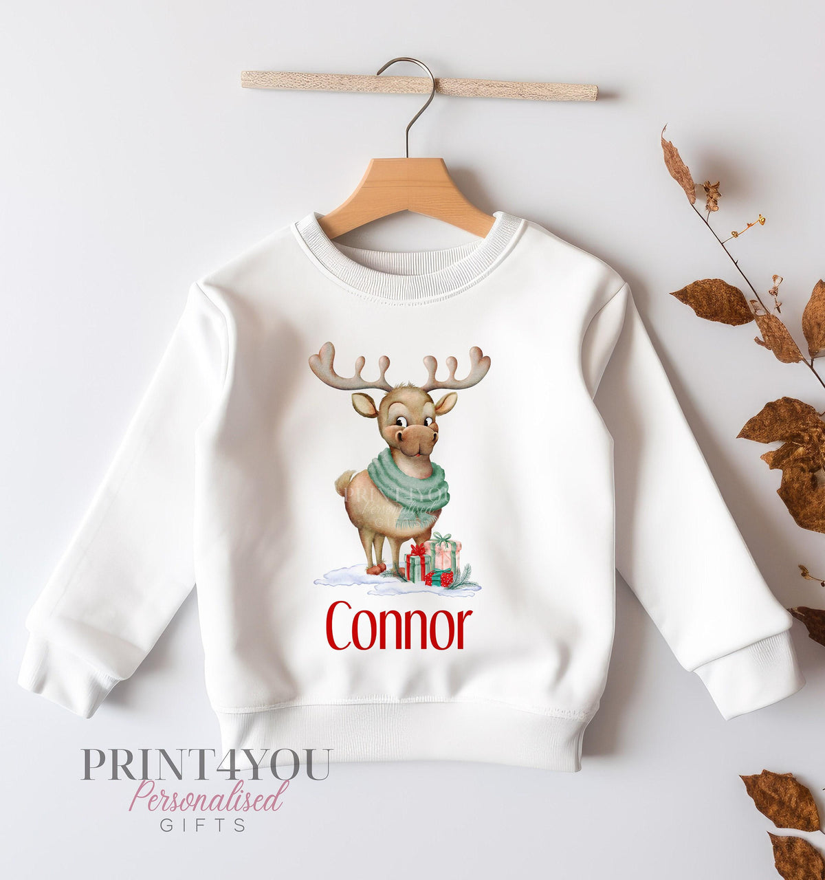 White kids Christmas sweatshirt with reindeer print, personalised with name, size 6-12 months