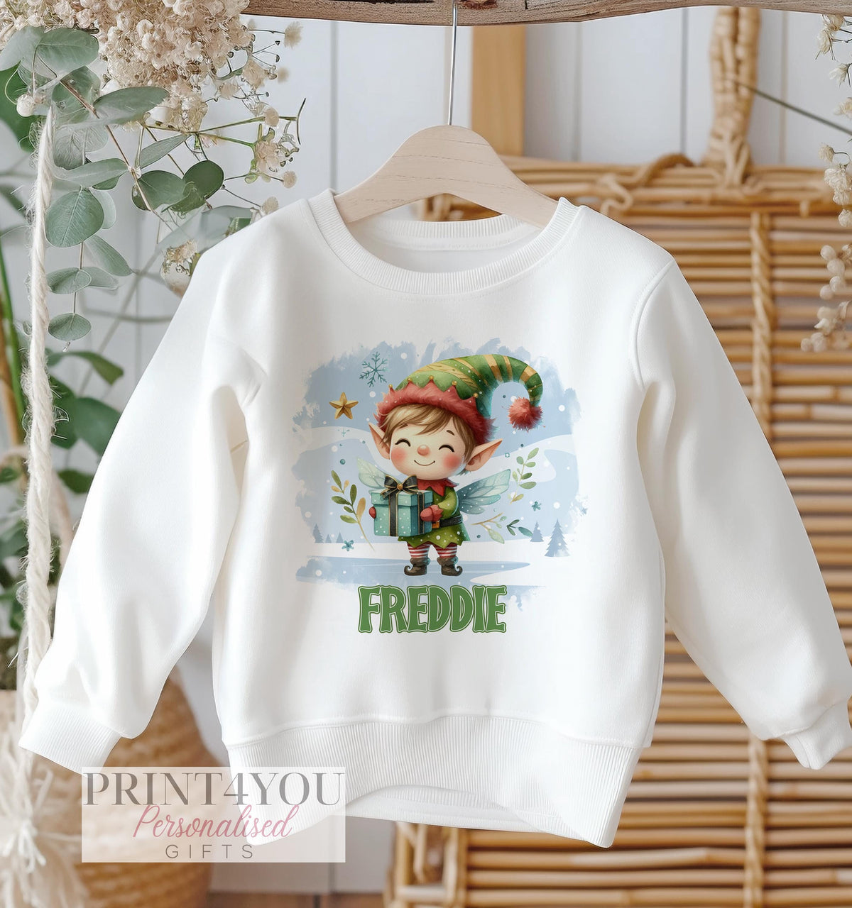 Personalised Christmas jumper, elf design, white cotton sweatshirt, size 6-12 months