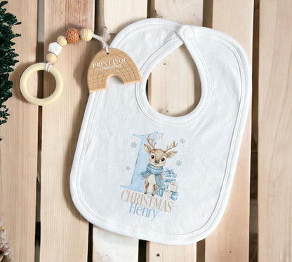 Personalised blue reindeer sleepsuit for baby's first Christmas, printed with a custom name