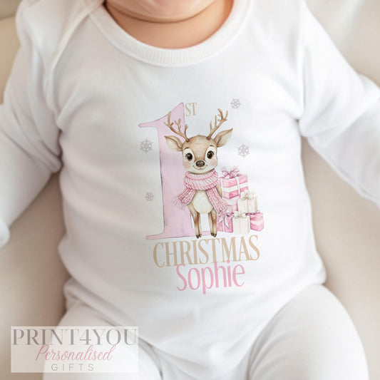 Personalised baby's first Christmas bib with pink reindeer design and custom name