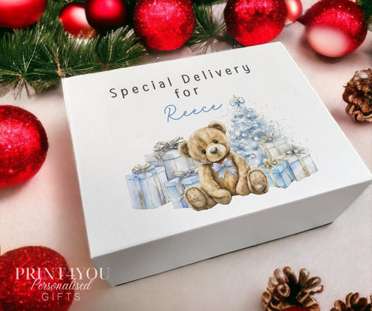 Personalised Christmas Eve Box, Magnetic Close Lid white gift box, Boys blue teddy bear Gift Box - Medium 16x20x8 cm Centimeters