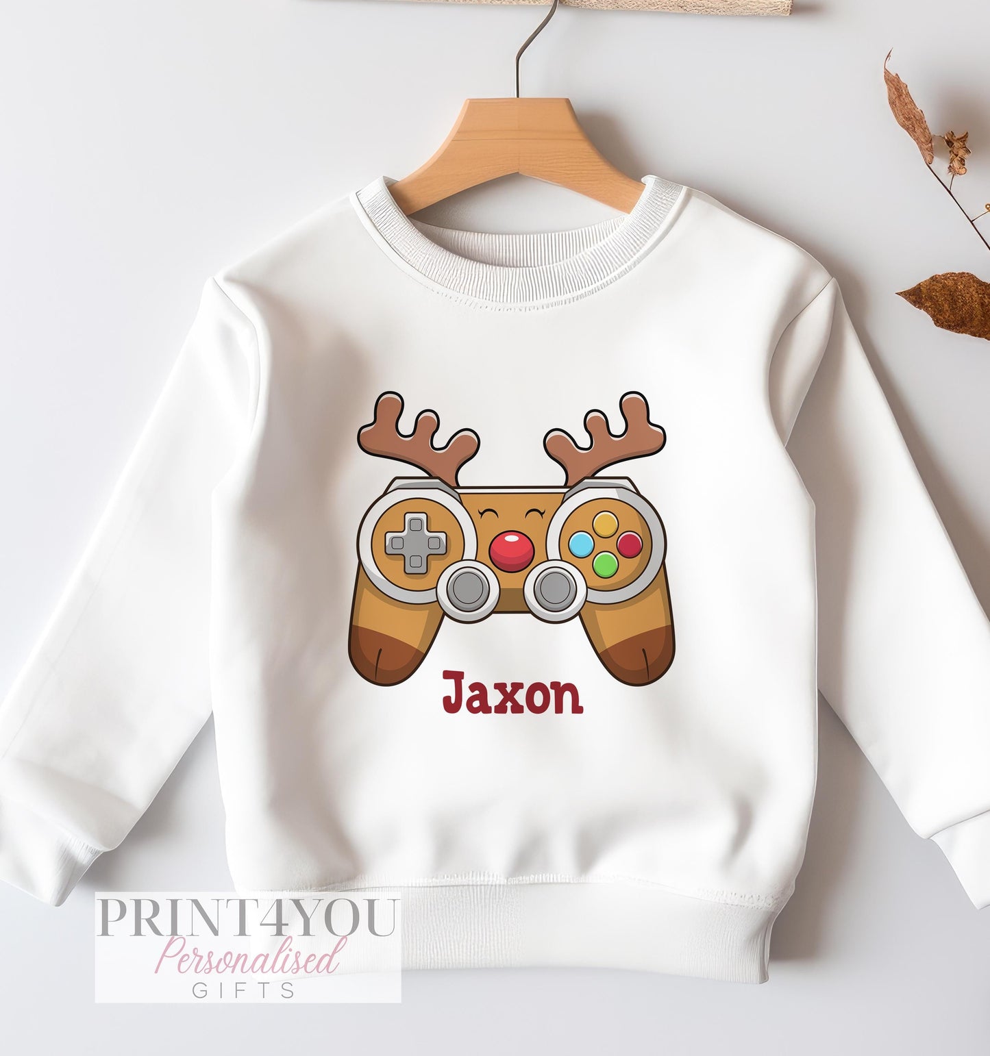 Personalised gaming Christmas jumper, reindeer with games controller design, white cotton sweatshirt, size 6-12 months