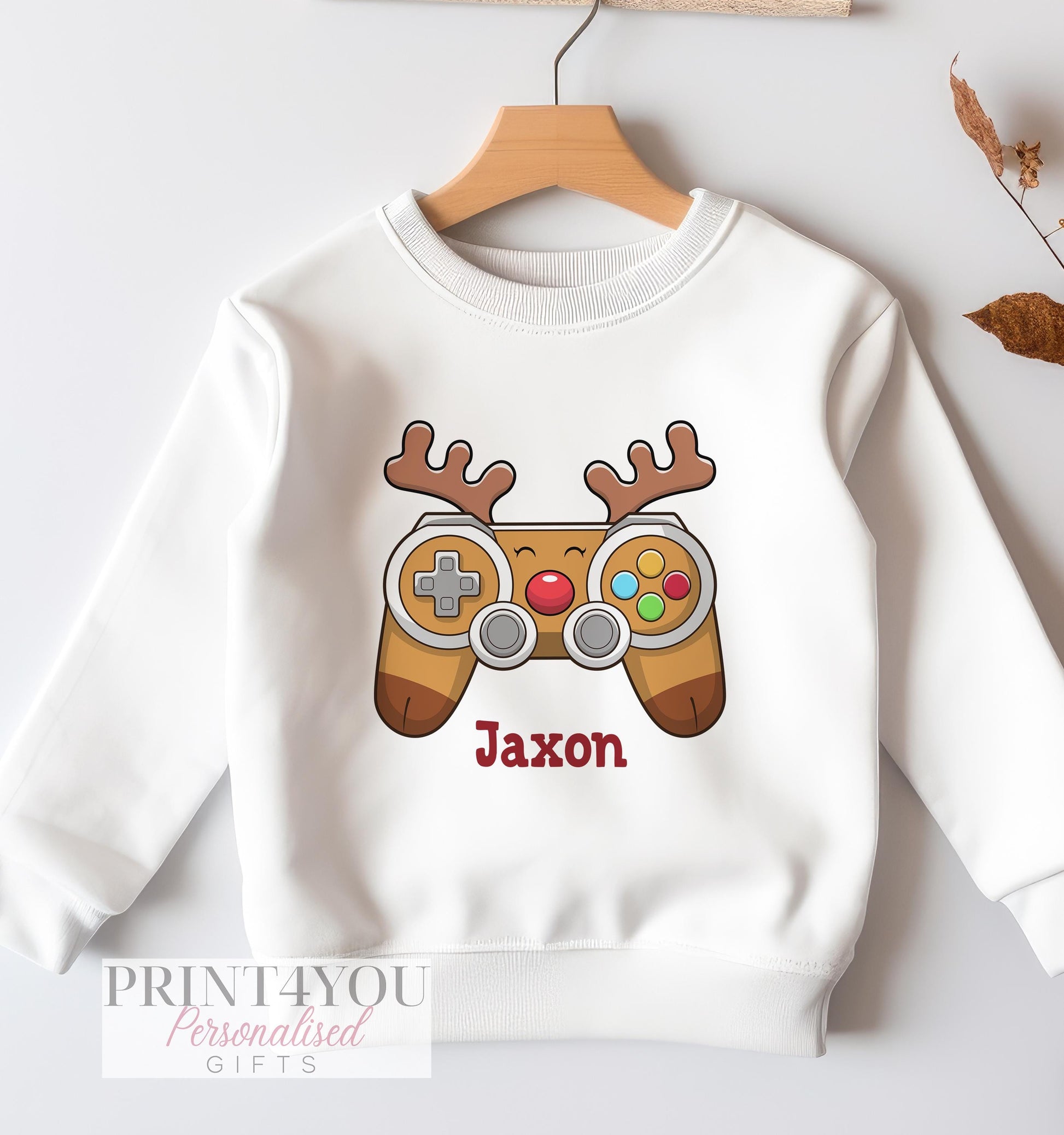 Personalised gaming Christmas jumper, reindeer with games controller design, white cotton sweatshirt, size 6-12 months