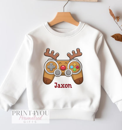 Personalised gaming Christmas jumper, reindeer with games controller design, white cotton sweatshirt, size 6-12 months