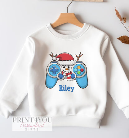 White cotton Christmas sweatshirt with snowman holding a games controller print and personalised name, size 6-12 months