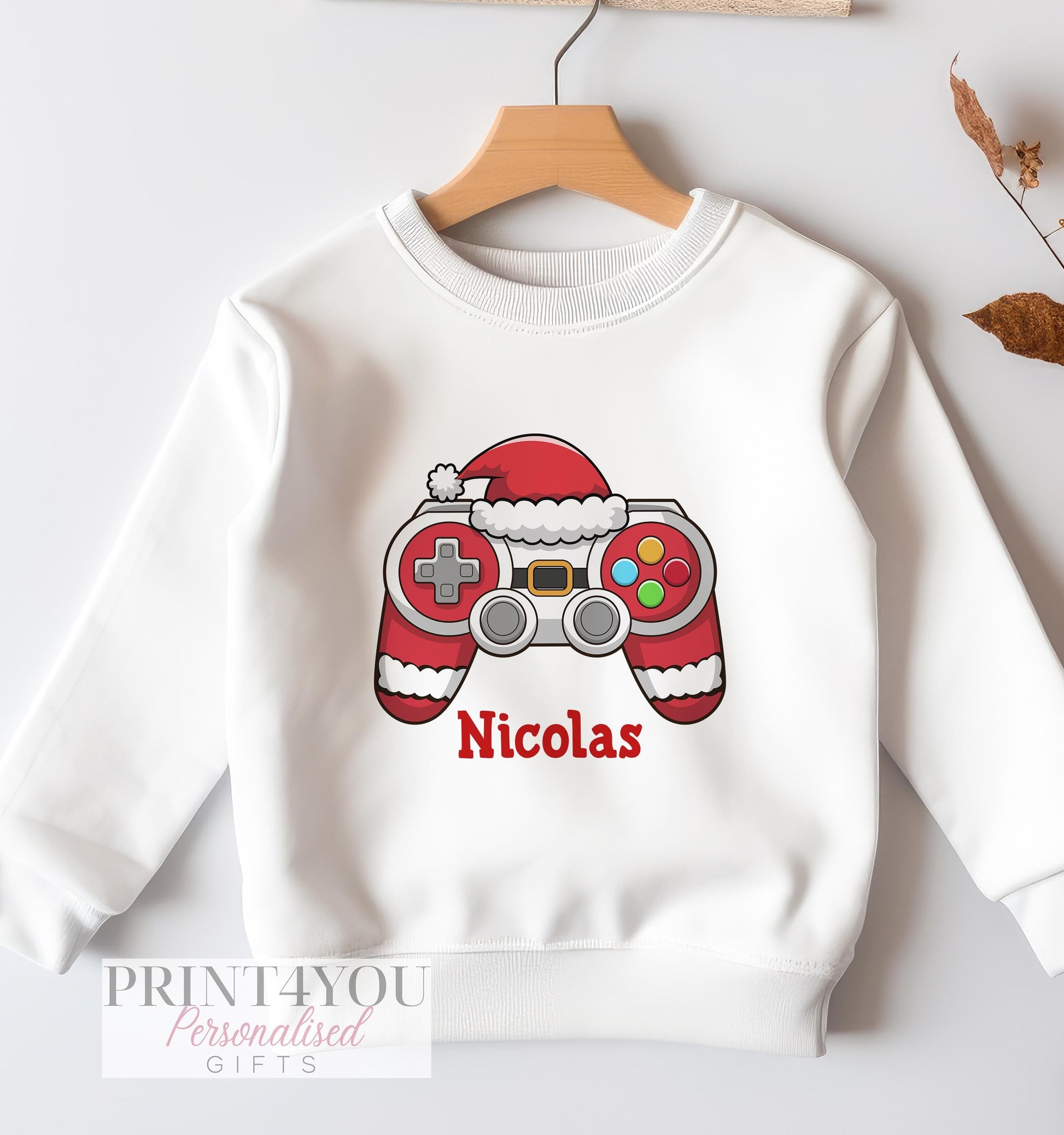 Personalised Gaming Christmas Jumper For Children. White Cotton Sweatshirt – Santa Gaming Controller, Xmas Jumper Day - 6-12 months