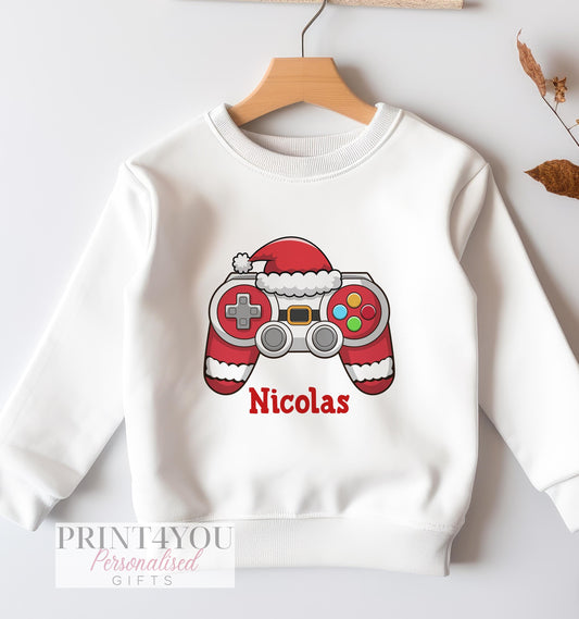Personalised Gaming Christmas Jumper For Children. White Cotton Sweatshirt – Santa Gaming Controller, Xmas Jumper Day - 6-12 months