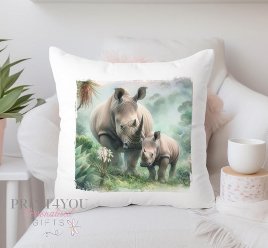 Personalised Safari Rhino cushion cover, cover only, showing the off-white fabric and rhino print