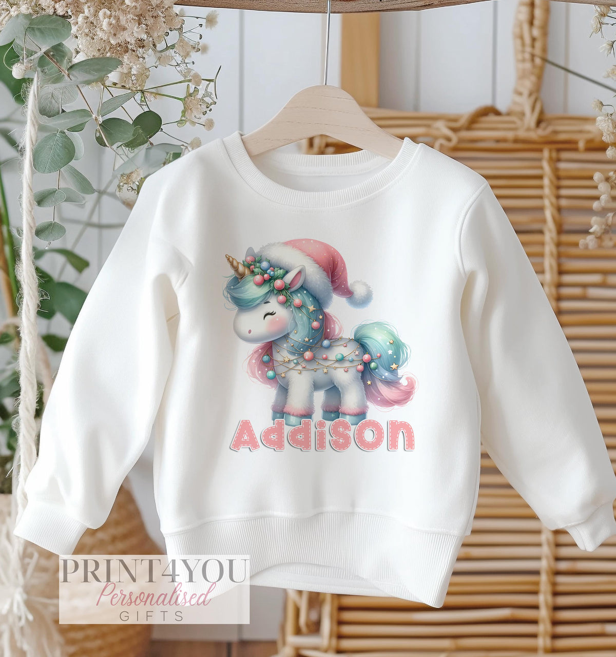 Personalised White Cotton Christmas Jumper for Kids – Cute Pastel Unicorn Design for Xmas Jumper Day - 6-12 months