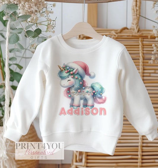 Personalised White Cotton Christmas Jumper for Kids – Cute Pastel Unicorn Design for Xmas Jumper Day - 6-12 months
