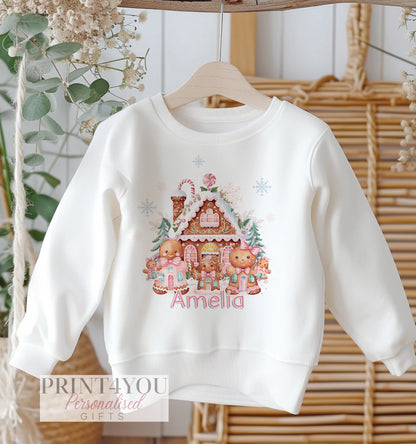 Personalised Childrens Christmas Jumper – White Cotton Sweatshirt with Gingerbread House Design for Xmas Jumper Day - 6-12 months