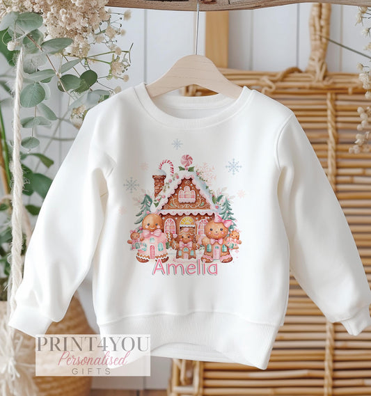 Personalised Childrens Christmas Jumper – White Cotton Sweatshirt with Gingerbread House Design for Xmas Jumper Day - 6-12 months