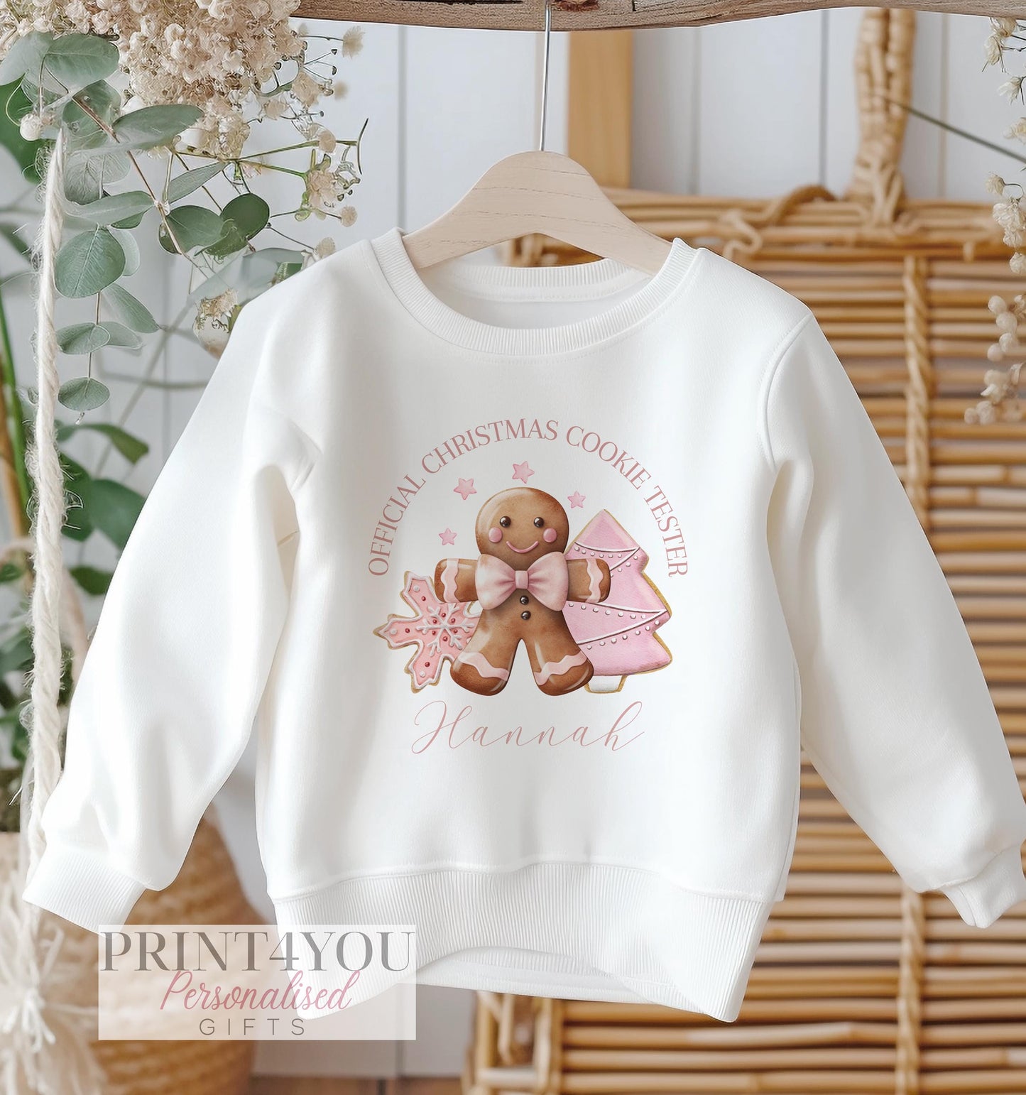 Personalised White Cotton Christmas Jumper for Kids – Pink Gingerbread Man Official Cookie Tester Design - 6-12 months