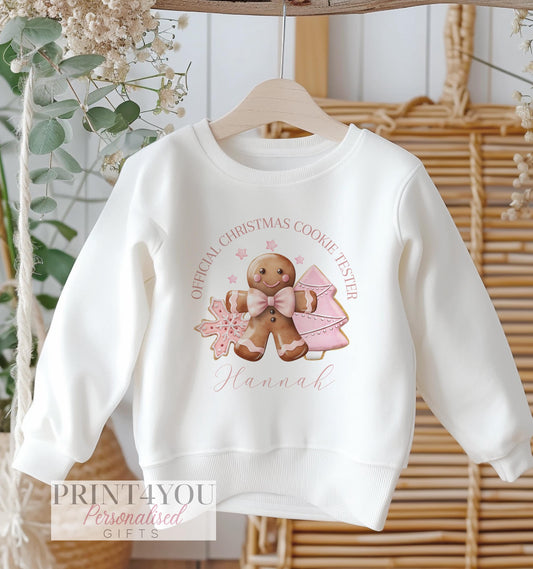 Personalised White Cotton Christmas Jumper for Kids – Pink Gingerbread Man Official Cookie Tester Design - 6-12 months